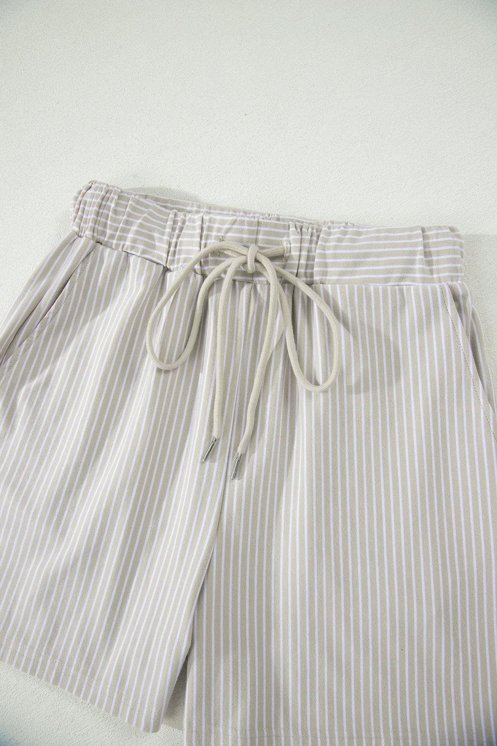 Khaki Stripe Dolman Sleeve Polo Shirt and Drawstring Shorts Set