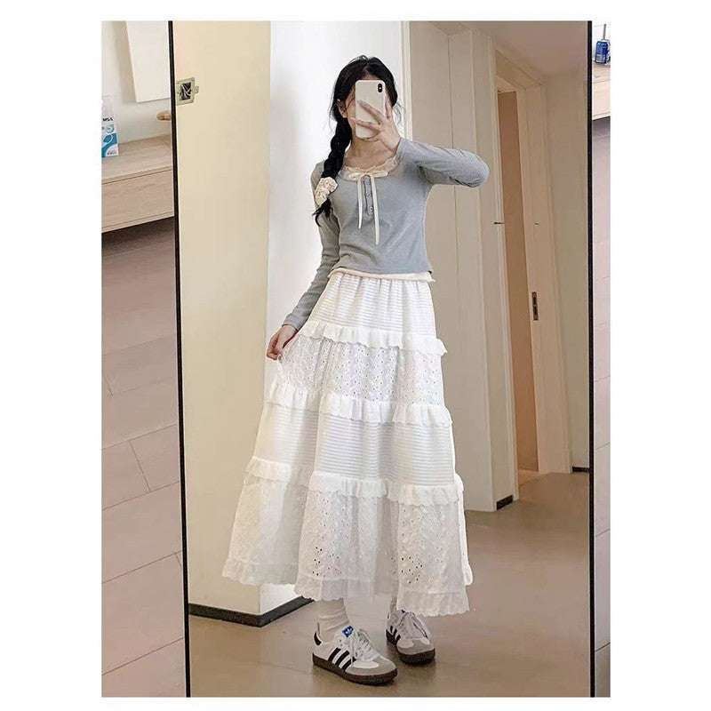 Solid Color Elastic Waist Lace Patchwork A-Line Maxi Skirt