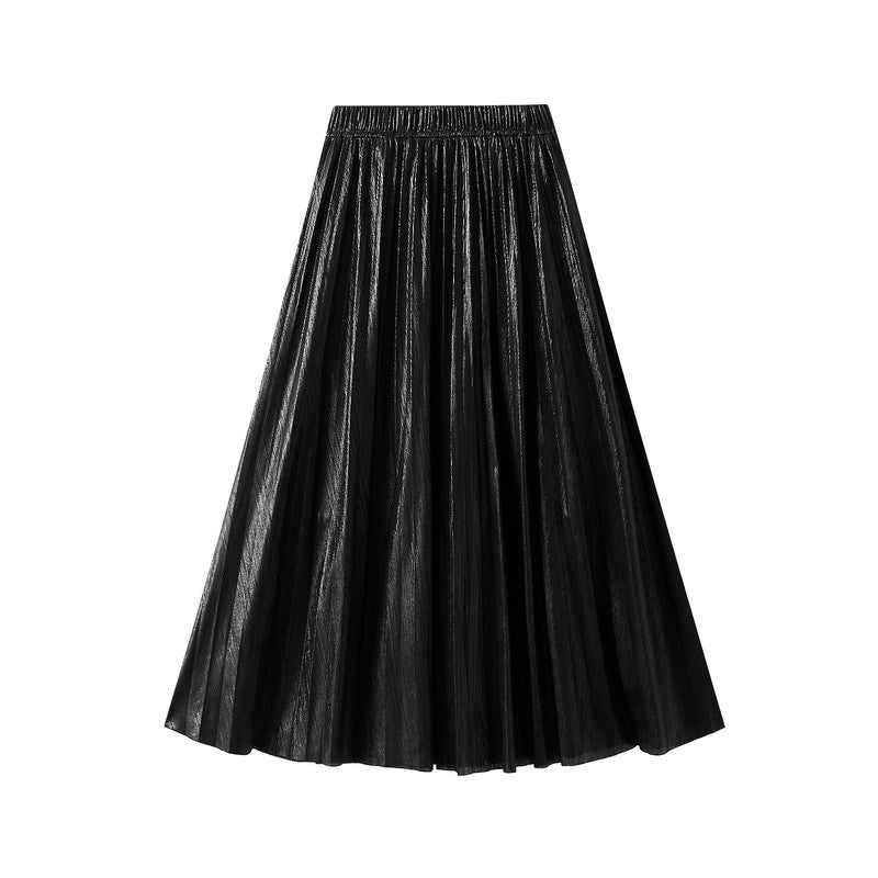 Metallic Pleated A-Line Skirt with Elastic Waist in Solid Color