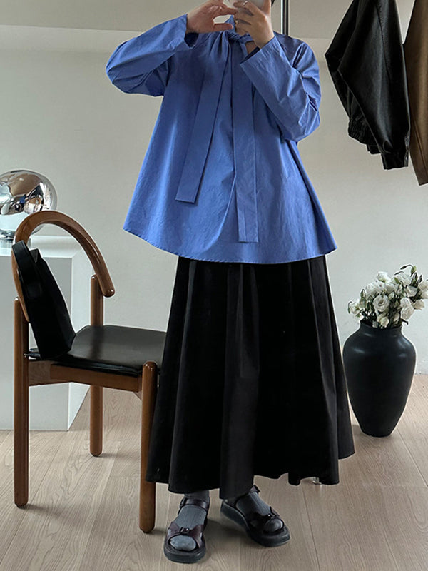 Long Sleeves Loose Solid Color Split-Joint Streamer High Neck Blouses