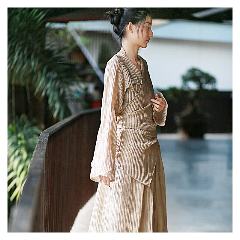 Solid Color Double-Layer Strap Shirt and Skirt Ensemble