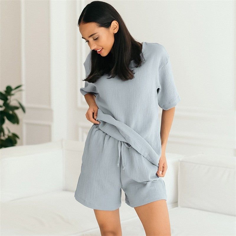 Solid Color Crewneck Short Sleeve T-Shirt and Shorts Set - Loose Fit, Lightweight Loungewear