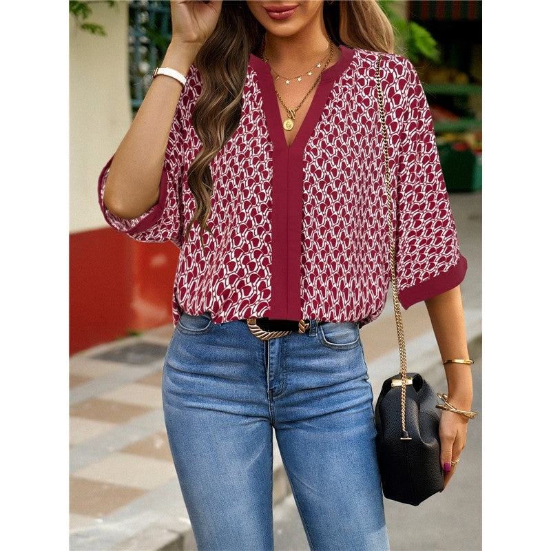 Contrast Color Half Sleeve Printing Pullover Blouse