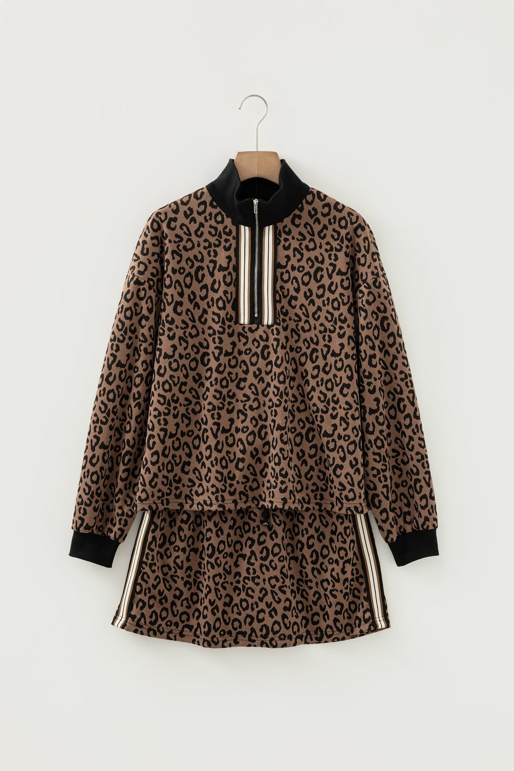 Khaki Leopard Print Quarter Zip Long Sleeve Top Mini Skirt Set
