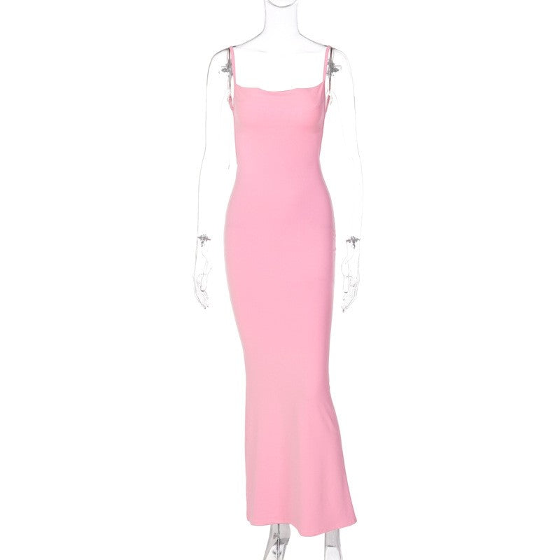 Solid Color Backless Spaghetti Strap Dress