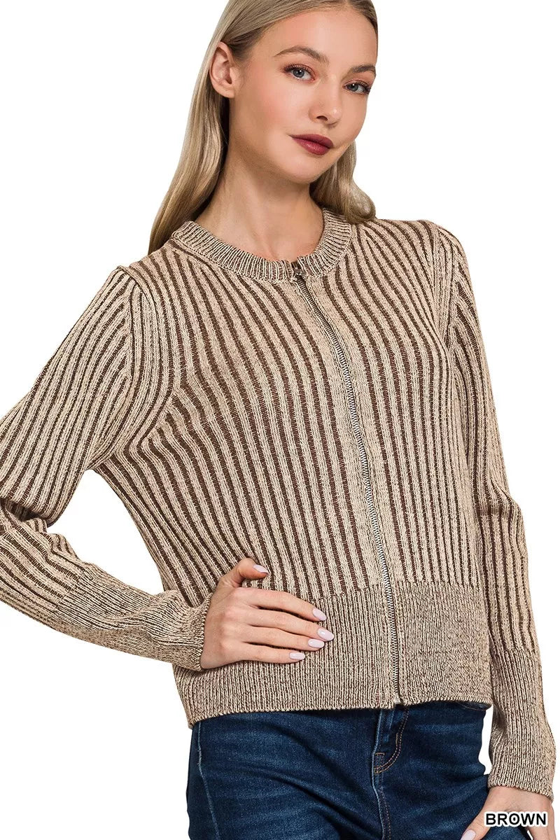 Ribbed Two Tone Zip Up Sweater Cardigan
