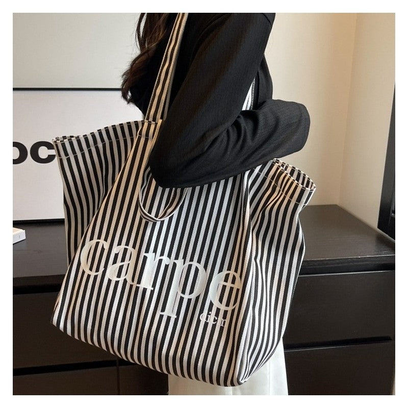 Striped Letter Canvas Tote Bag with Large Capacity