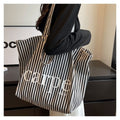 Striped Letter Canvas Tote Bag with Large Capacity