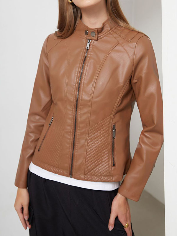 Long Sleeves Plus Size Buttoned Pockets Split-Joint Zipper Stand Collar Jackets Outerwear