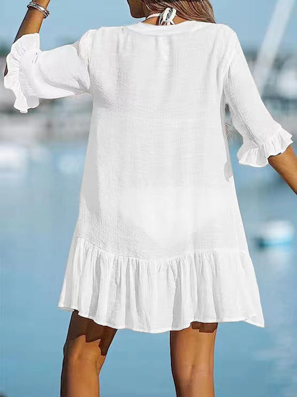 Half Sleeves Loose Floral Pleated Split-Joint V-Neck Mini Dresses