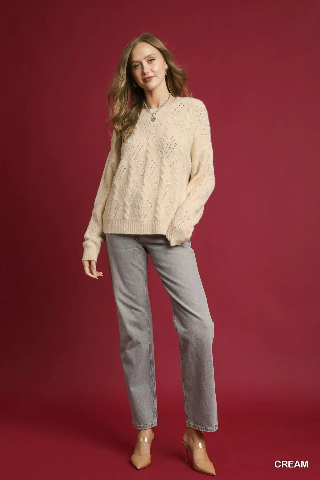Pearl-Embellished Long Sleeve Sweater