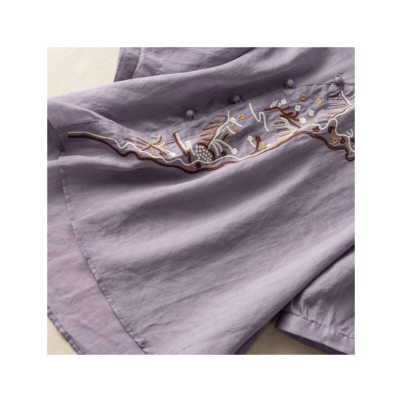 Embroidered Linen Button-Up Blouse with Half Sleeves