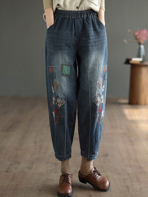 Vintage Loose Embroidered Elasticity Harem Jean Pants Bottoms