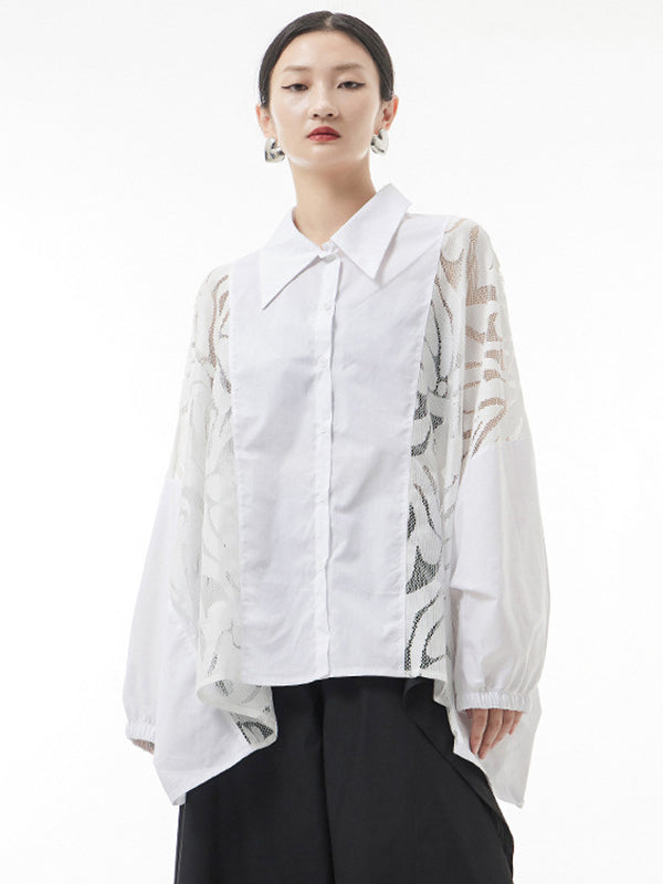 Urban See-Through Lace Split-Joint Lapel Blouse