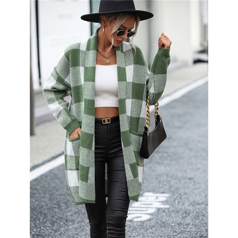 Contrast Color Long Sleeve Plaid Casual Loose Knitted Cardigan