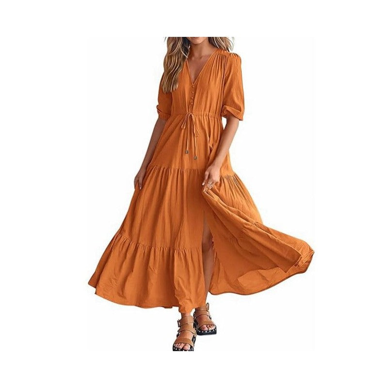 Vibrant V-Neck Drawstring Dress with Split Short Sleeves