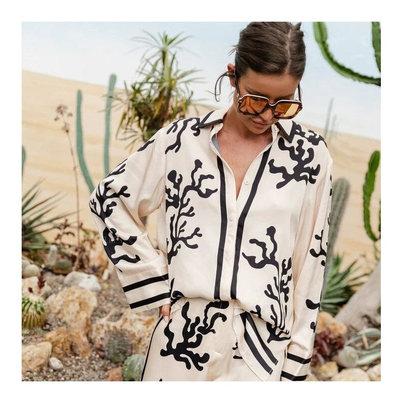 Relaxed Satin Top with Printed and Color-Blocked Design