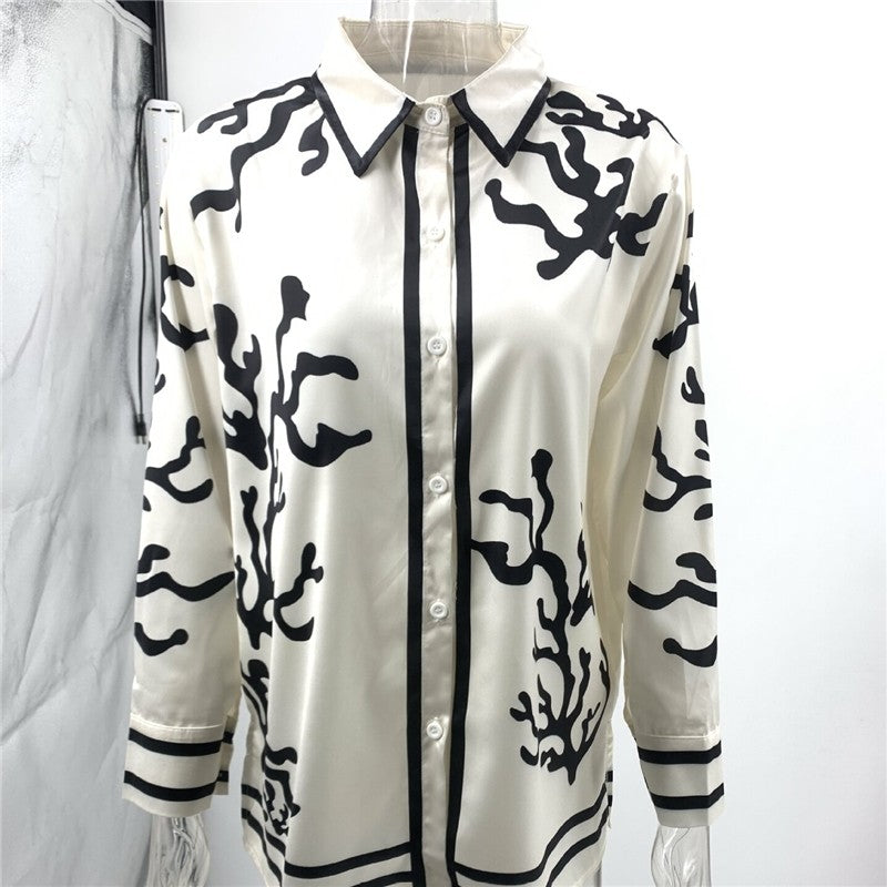 Relaxed Satin Top with Printed and Color-Blocked Design