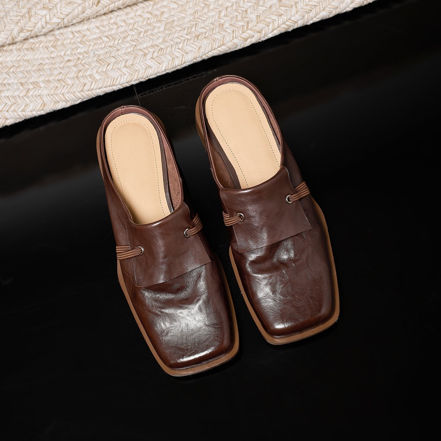 Women's Square Toe Leather Mule Slides | Full-Grain Calfskin Slip-On Low Heel
