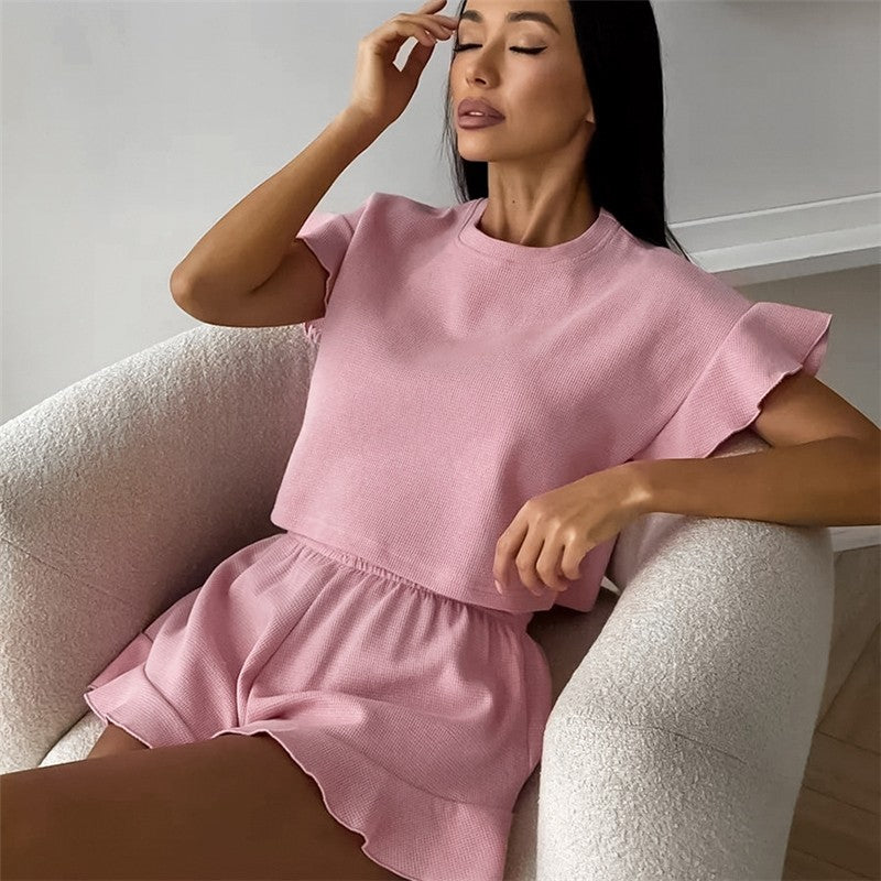 Solid Color Knit Short Sleeve Shorts Pajama Set