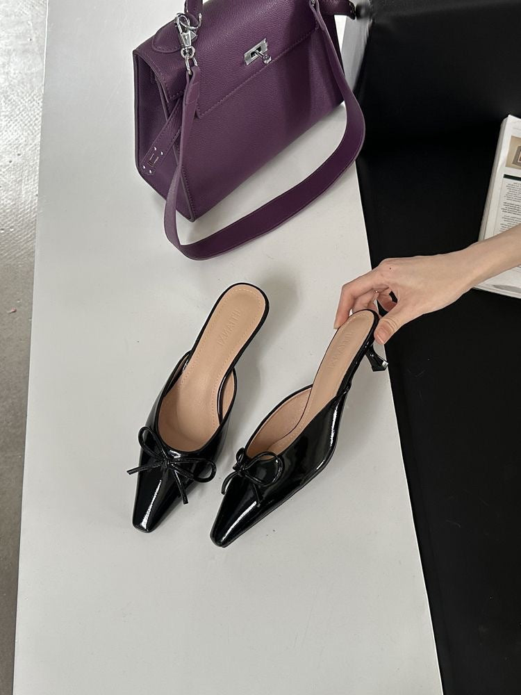 Women's Low-Heel Bow Slippers - Elegant Square Toe Roman Style Shoes