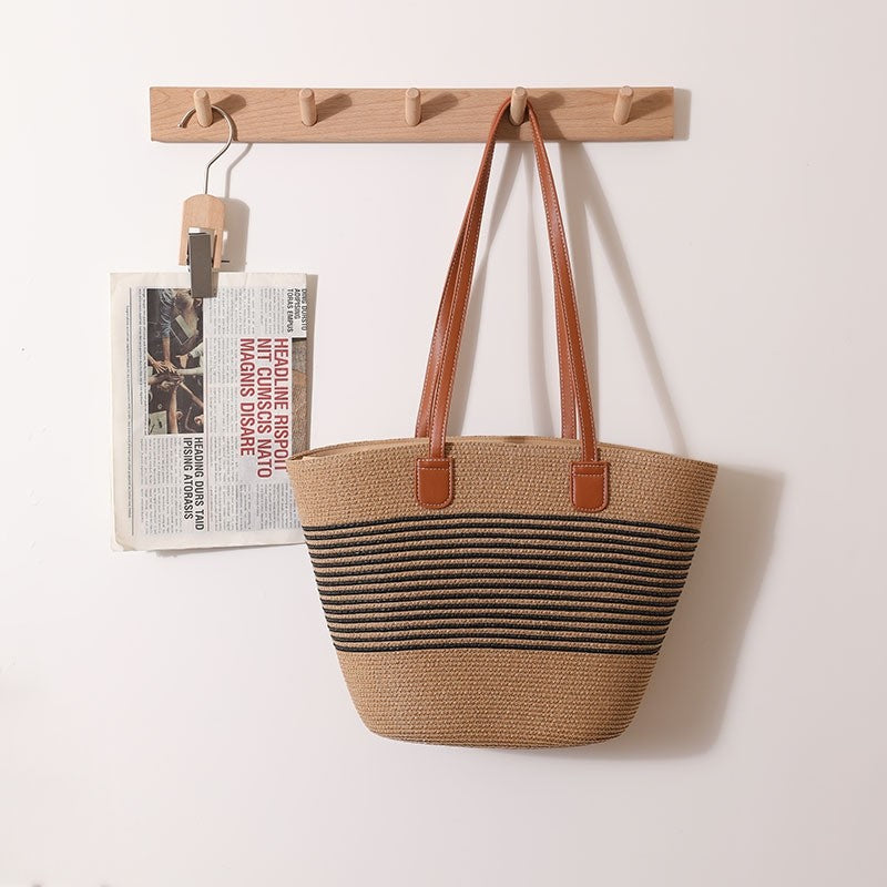 Grass Striped Woven Tote with Ample Storage