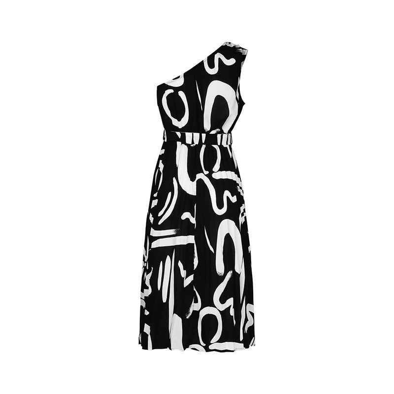 Stylish Floral Printed One-Shoulder High-Waisted Dress