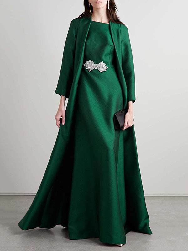 Loose Fit Long Sleeve Embroidered Evening Dress in Solid Color