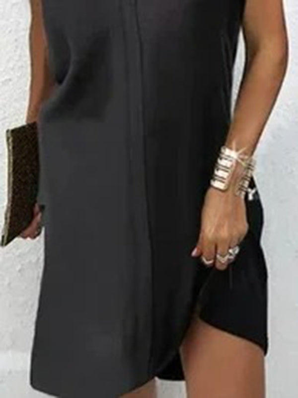 Flowy V-Neck Mini Dress with Short Sleeves and Side Slit