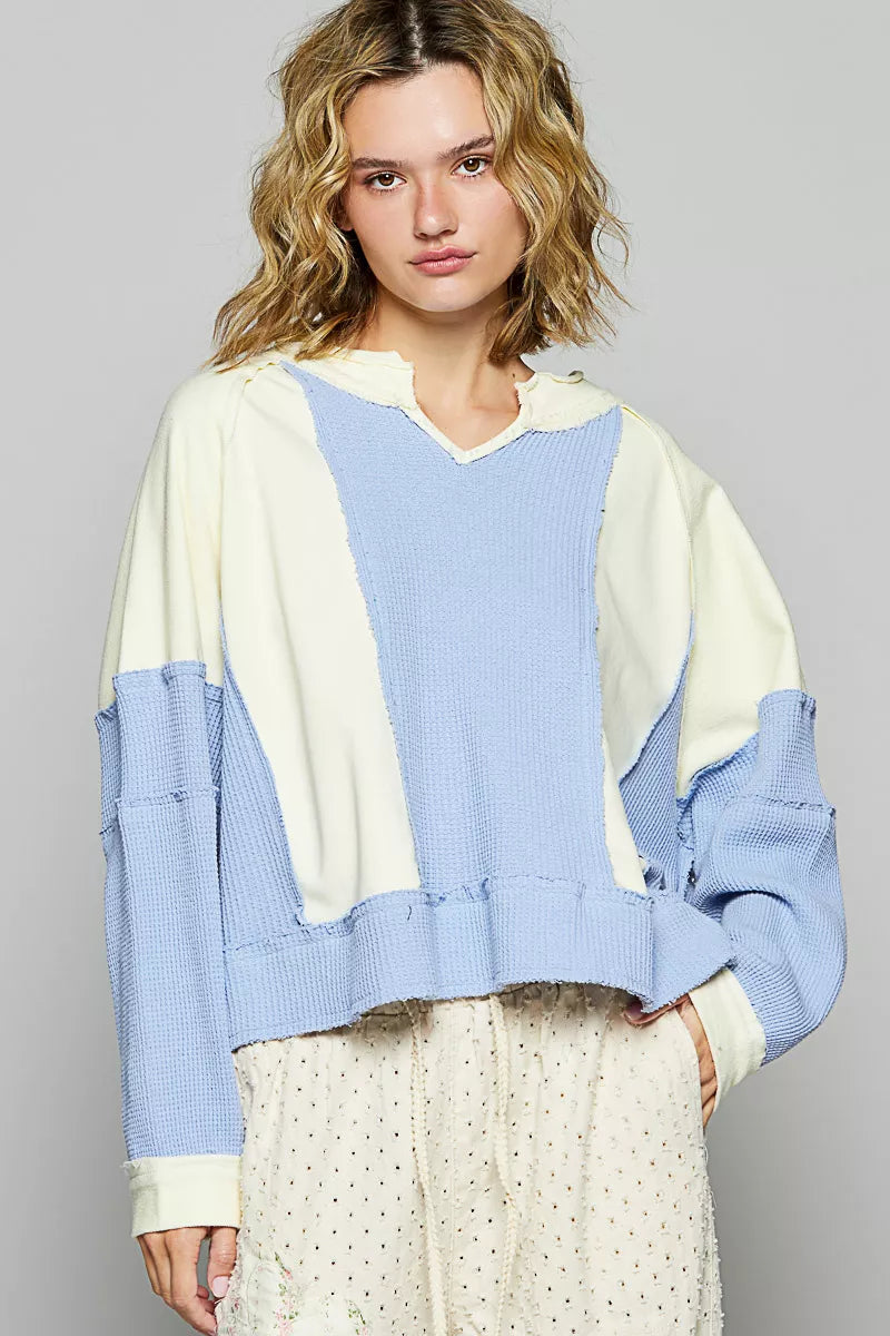 Color Block Waffle Knit Raw Hem Sweatshirt