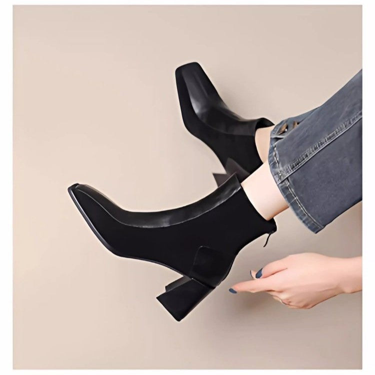 Women's Chunky Heel Side Zipper Ankle Boots – Square Toe Suede Block Heel