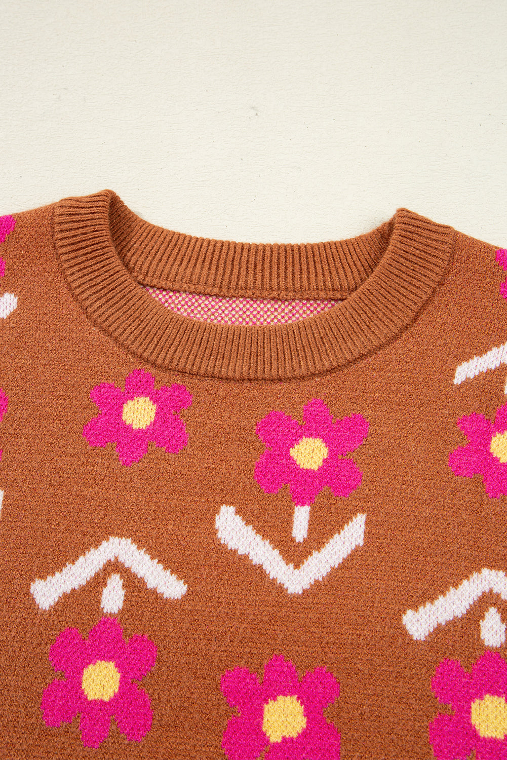 Brown Floral Short Puff Sleeve Sweater