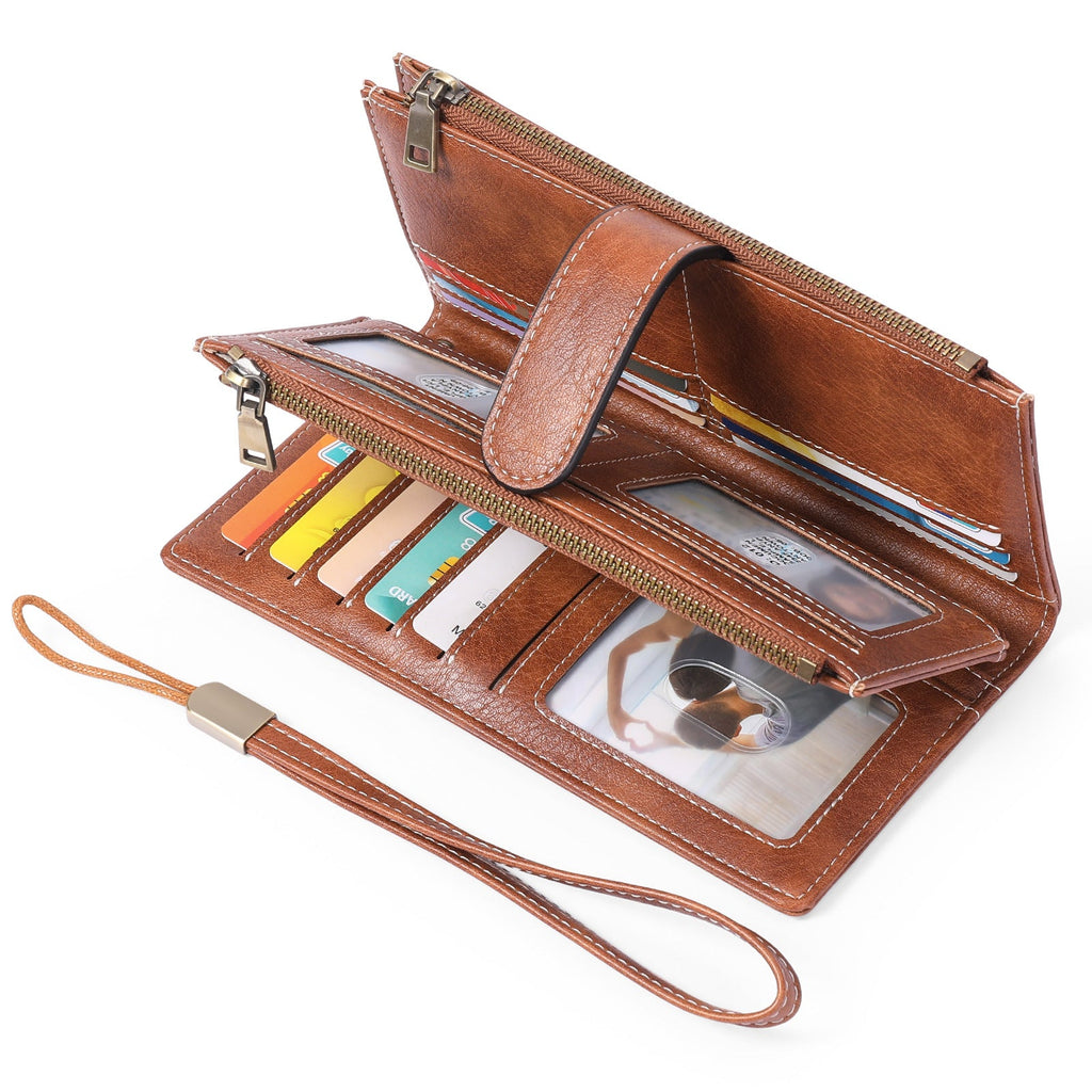 Women's Vintage Tri-Fold Wallet with RFID Protection - Oil Wax Leather Long Purse
