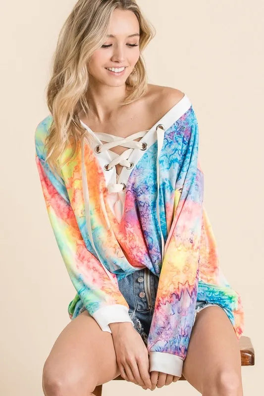 Tie Dye Deep V-neck Top With Lace Up Front