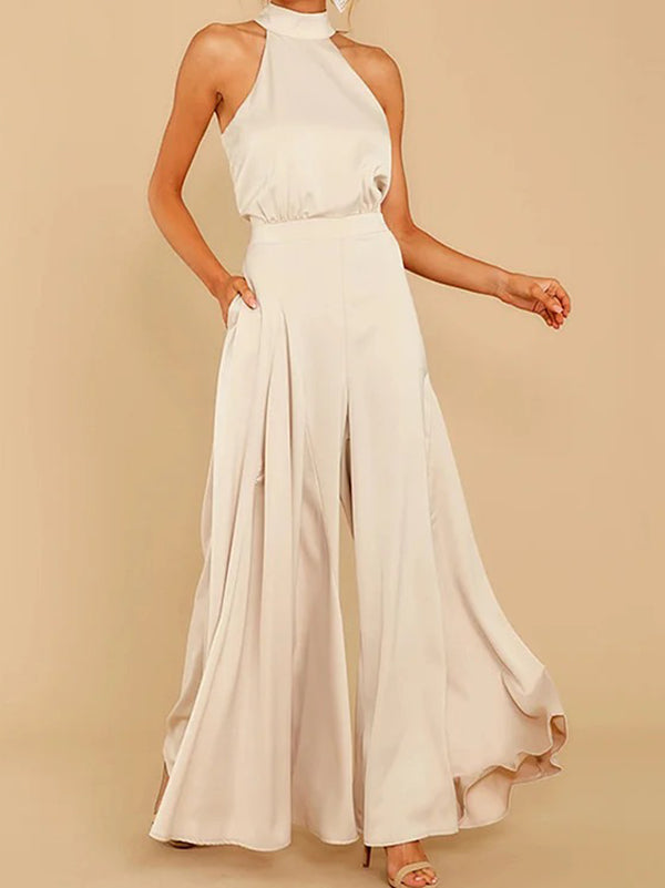 Loose Sleeveless Pockets Solid Color Tied Zipper Halter-Neck Jumpsuits