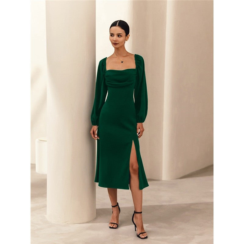 Solid Color Long Sleeve Square Neck High Waisted Side Slit Back Bandage Dress

Enhanced Version: "Square Neck Long
