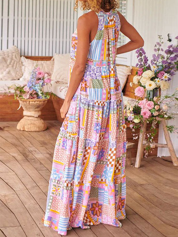 Loose Sleeveless Contrast Color Flower Print Plaid Printed Round-Neck Maxi Dresses