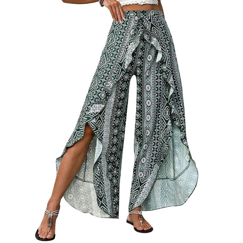 High-Waisted Leaf Print Wide Leg Pants with Split Hem