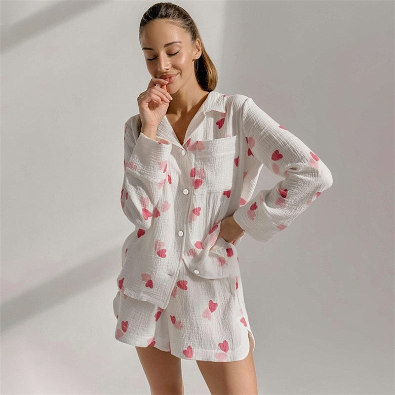 Heart Print Long Sleeve Shorts Pajama Set