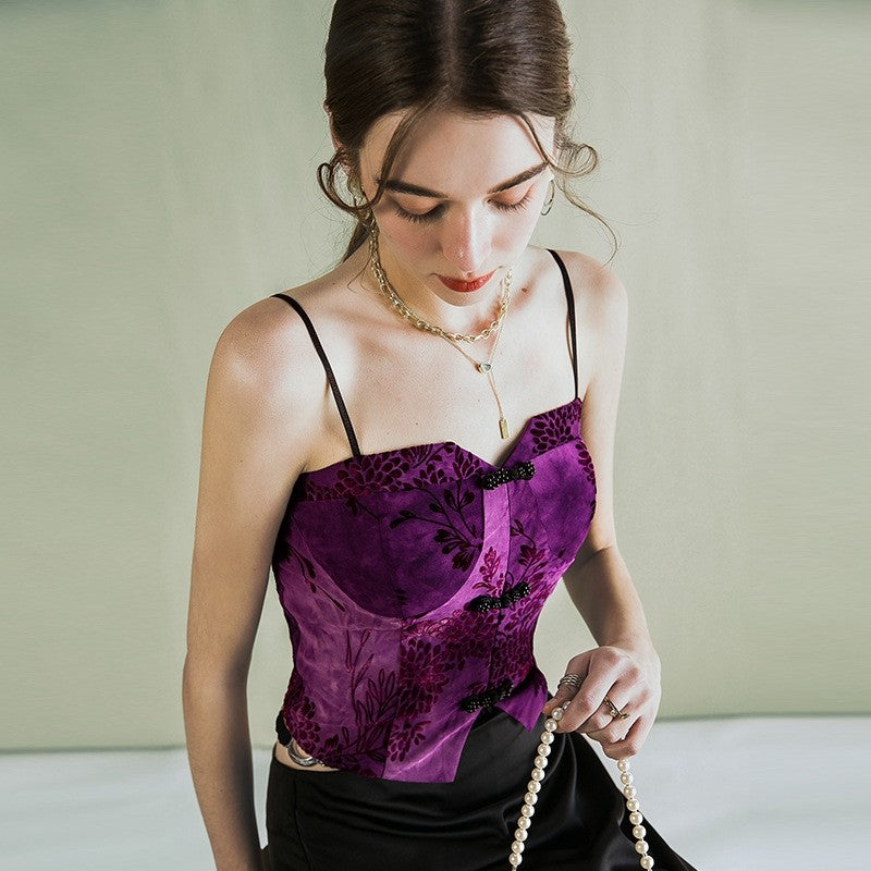Sleek Embroidered Retro Vest with Spaghetti Straps