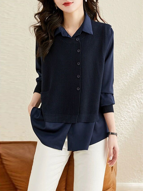 Long Sleeves Loose Solid Color Lapel  Inner Shirt + Buttoned Pockets Outer Knit Vest Two Pieces Set