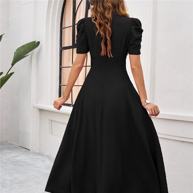 Chic Solid Color Waist-Cinched Dress