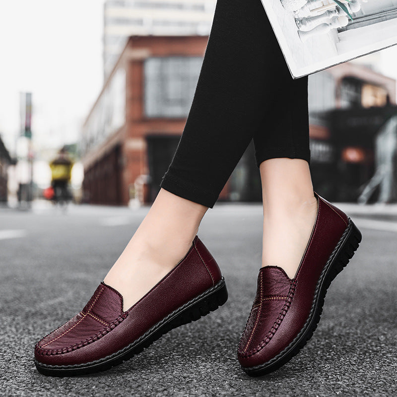 Women's Slip-On Leather Flats - Comfortable Round Toe Wedge Heel Casual Shoes