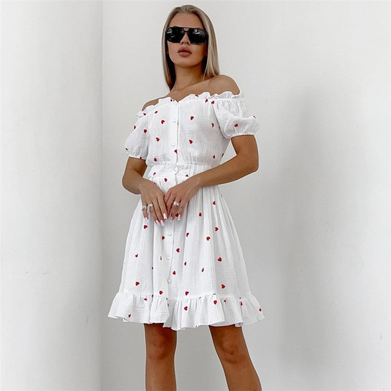 Heart Print One-Shoulder Nightgown with Ruffle Hem