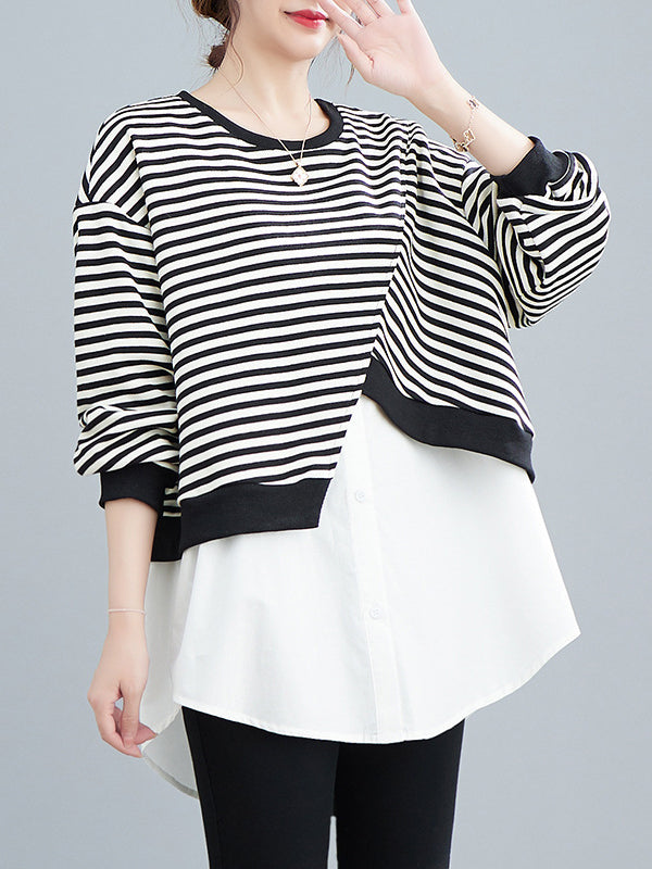 Original Long Sleeves False Two Striped Round-Neck Hoodies&Sweatshirt Tops