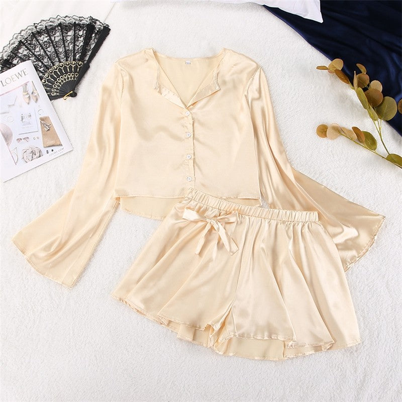 Solid Color Imitation Silk Long Sleeve Crop Top and Shorts Set - Sleepwear