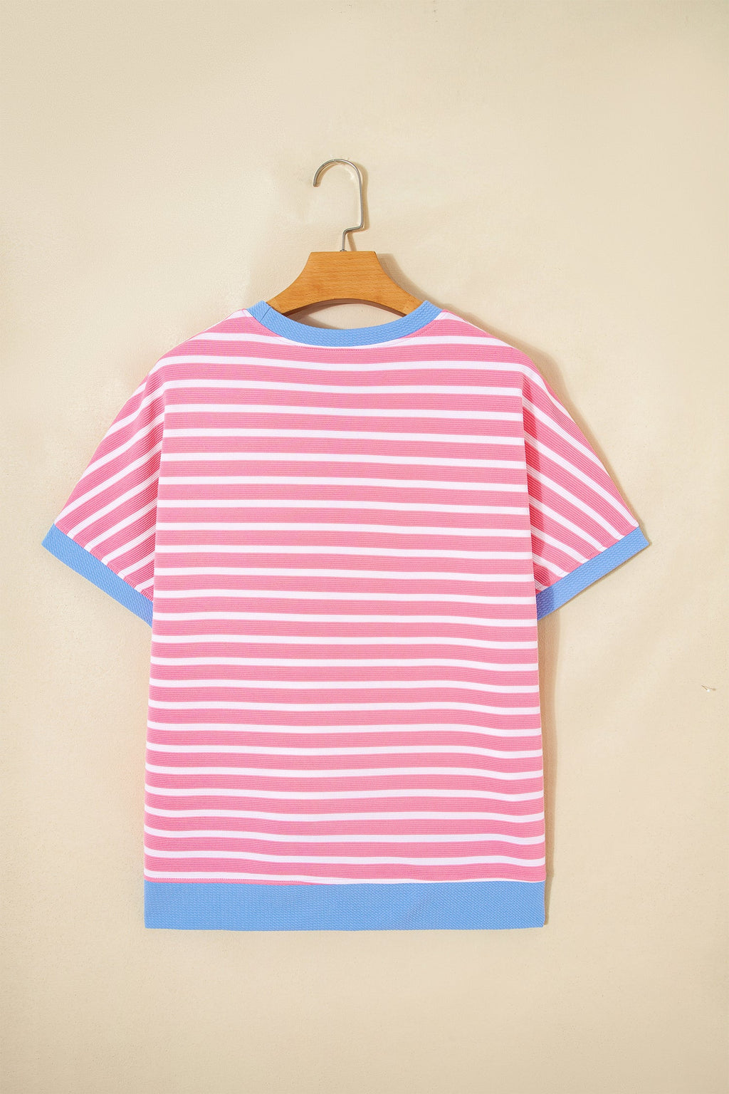 Pink Stripe Contrast Trim Loose Short Sleeve Top