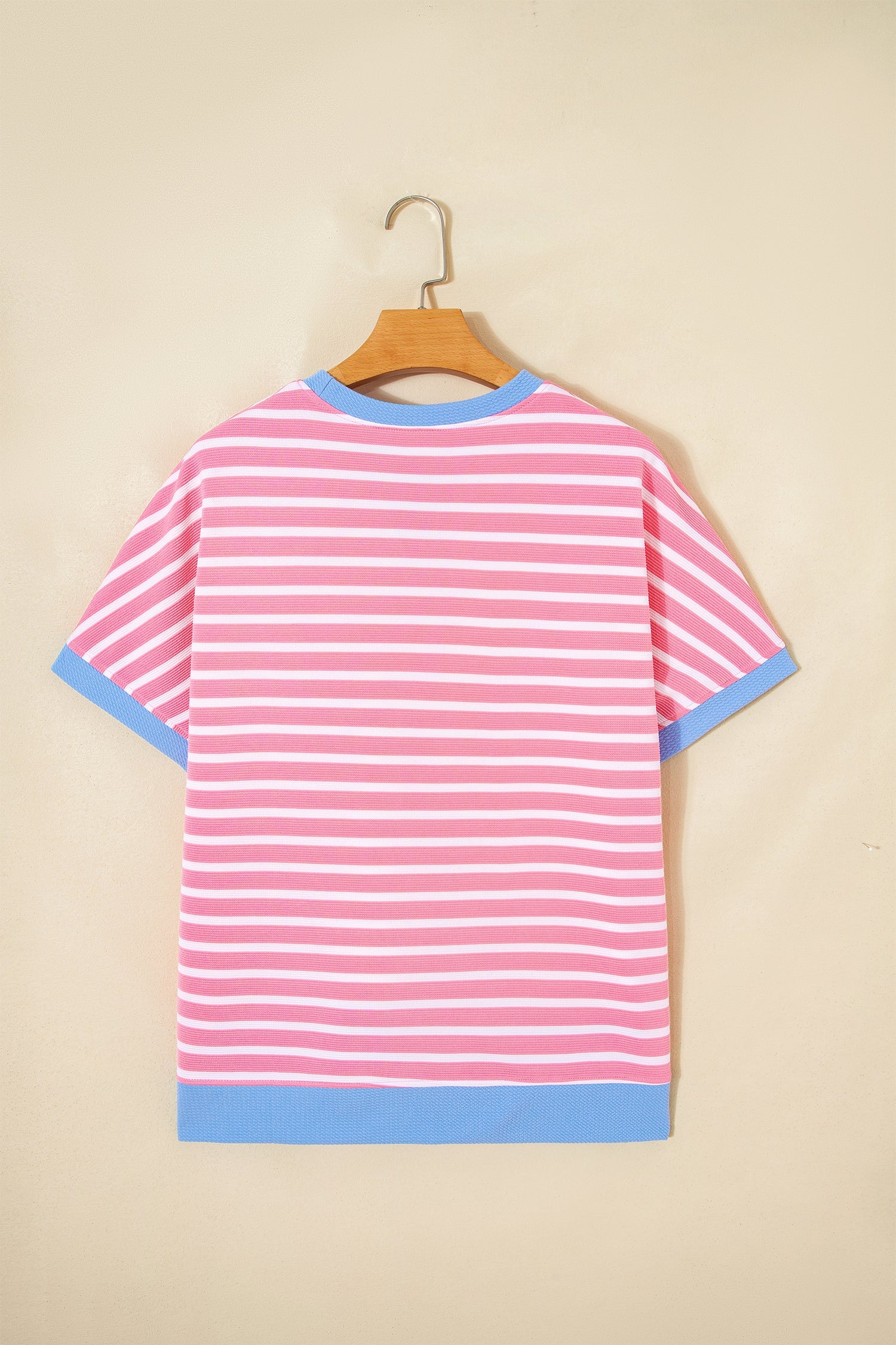 Pink Stripe Contrast Trim Loose Short Sleeve Top