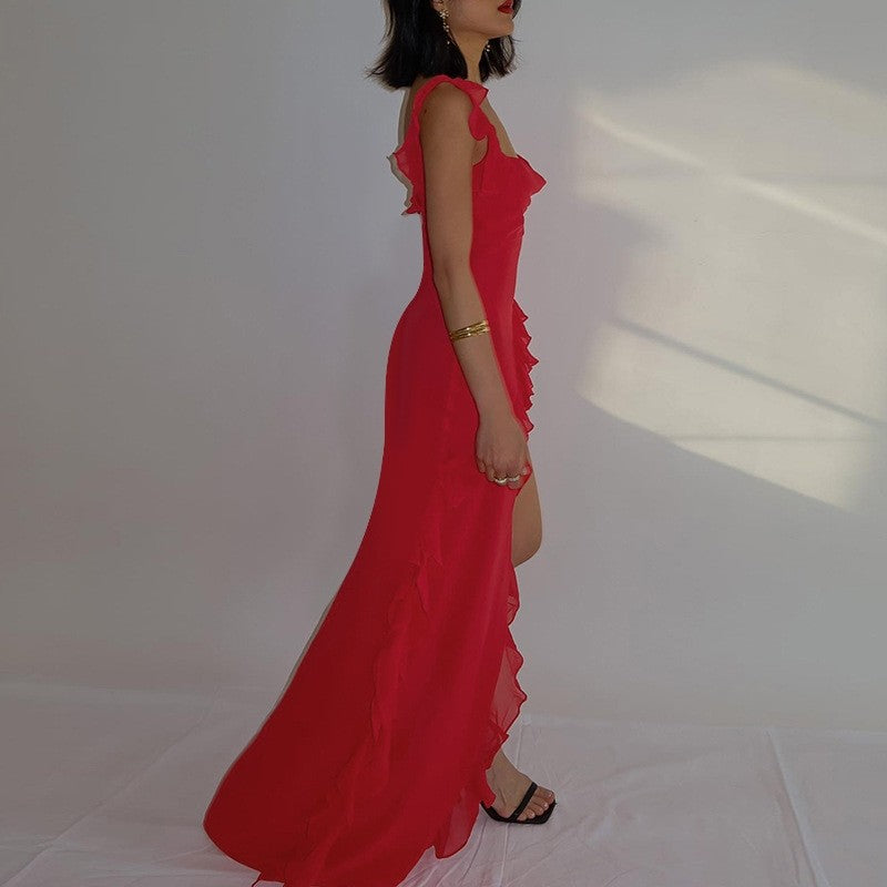 High Slit Ribbon Strap Solid Color Dress