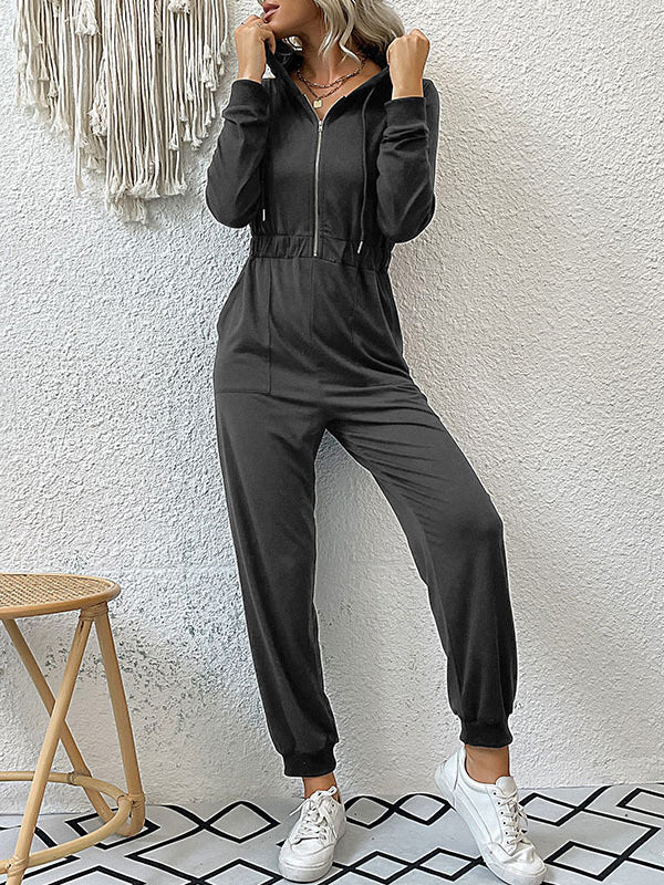 Skinny Elasticity Split-Joint Zipper Hooded Jumpsuits